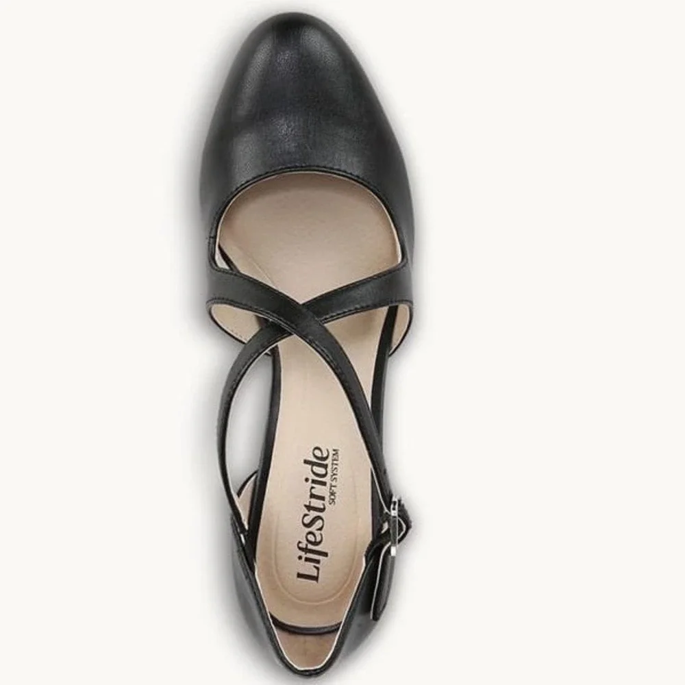 LifeStride Tracy Sz 8W Black Faux Leather Strappy Block Heel Pumps Wide NEW - Picture 9 of 11